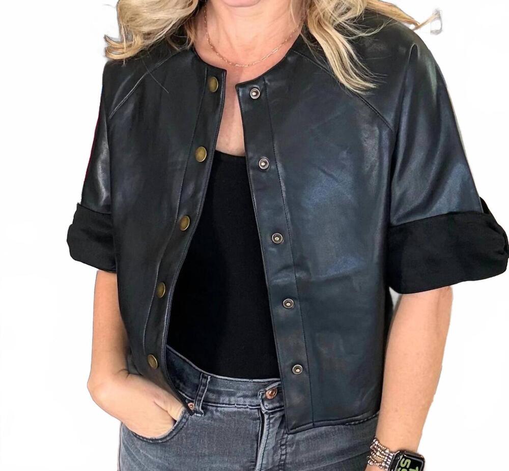 NEW MIOU MUSE suede trim short sleeve faux leather jacket in black